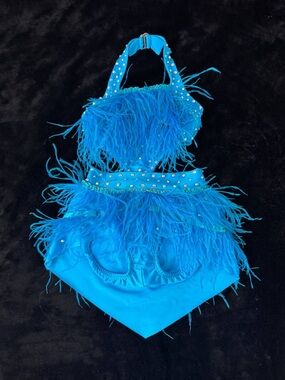Pumpers Dance Costume Blue Rhinestone Feathers Youth